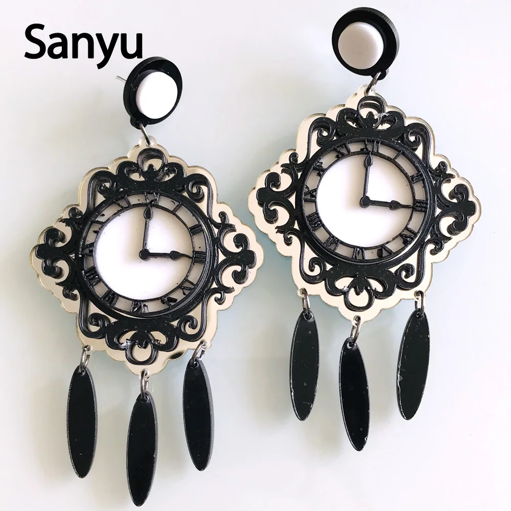 

Fashion Elegant Long Tassel Silver Chain French Wall Clock Black Acyrlic Drop Earrings Personalized Big Fashion Dangle Earrings