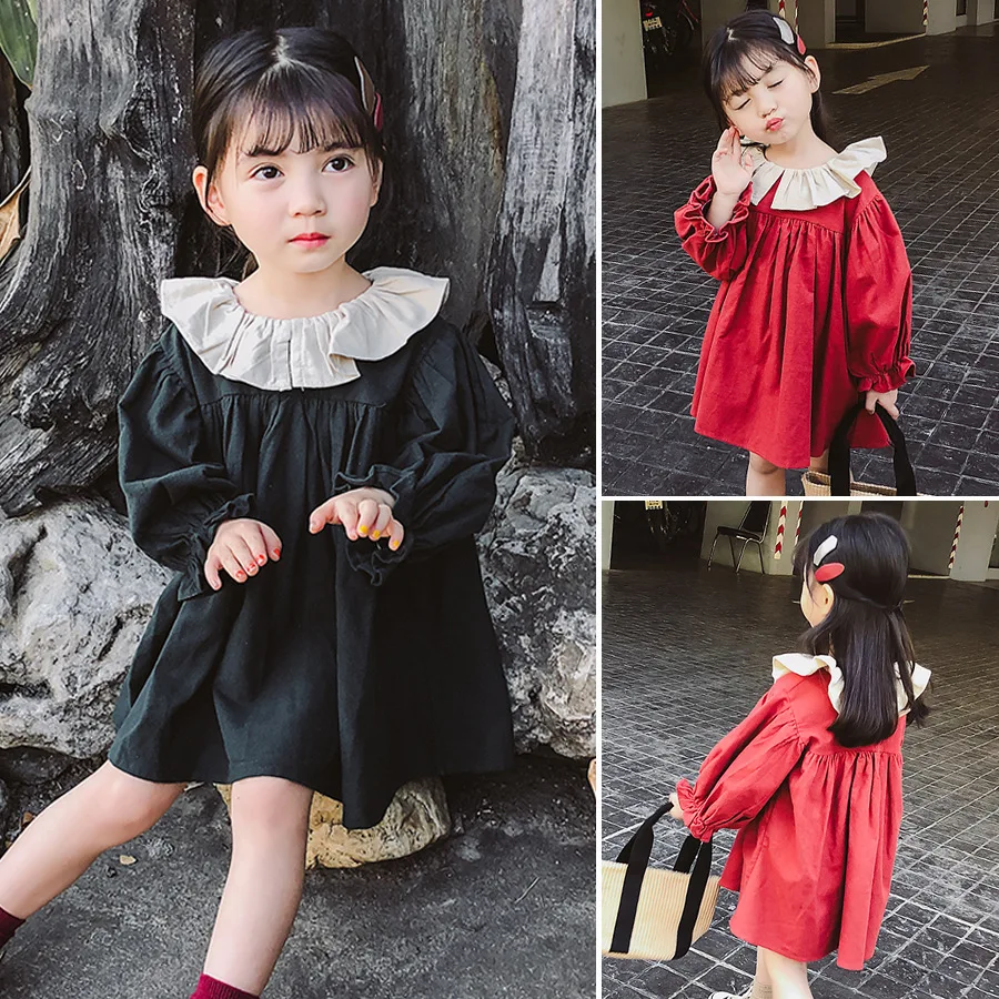 Детское Хлопковое платье с оборками и воротником для девочек, повседневные платья принцессы на весну и осень, Vestidos, детская одежда