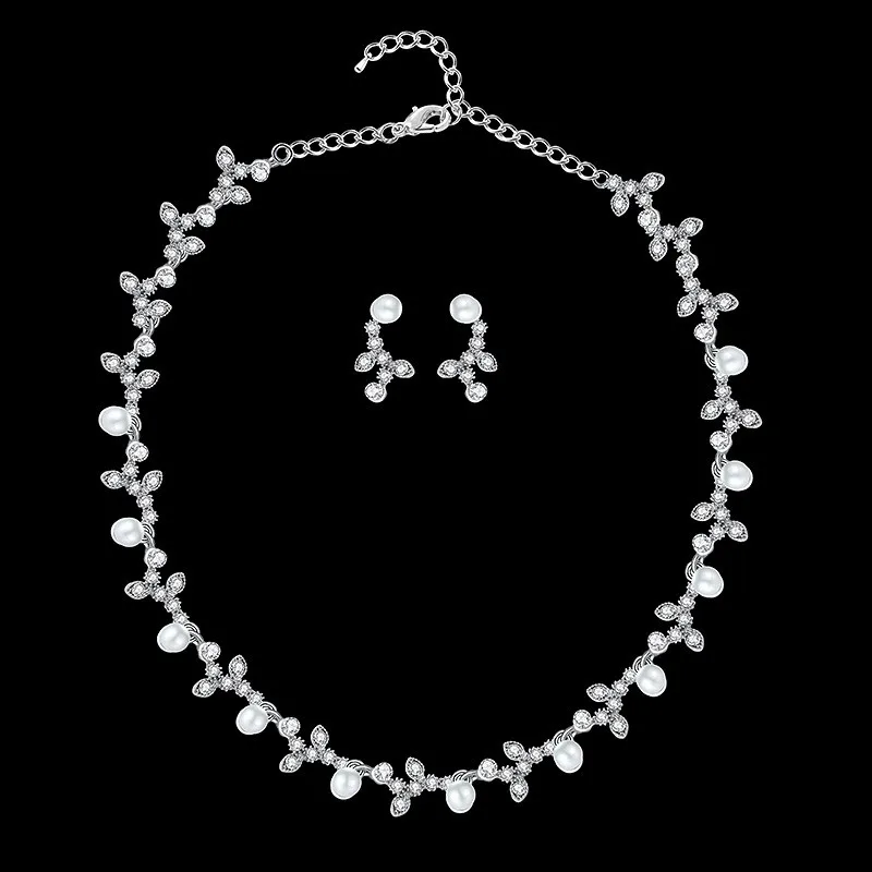 

SLBRIDAL Silver Austrian Crystal Rhinestones Pearls Alloy Wedding Jewelry Set Bridal Necklace Earring Set Women Party Jewelry