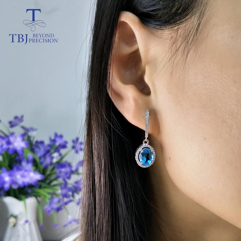 Женские серьги подвески с голубым топазом TBJ классические из стерлингового