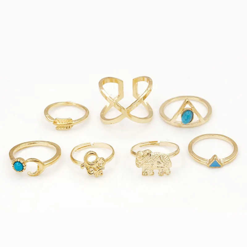 7 pieces/set Moon Arrow Midi Knuckle Ring Set Blue Beads Cross Triangle Elephant Open Rings Adjustable Gold Color Silver Jewelry | Украшения