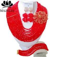 Мода г. в Африканском нигерийском стиле на свадьбу бусины комплект ювелирных изделий с красными кристаллами колье, свадебные украшения набор Aaa752