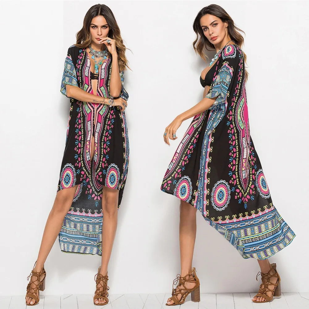 Kureas Дашики пляжное платье Национальный принт кардиган Африканский Vestido халат макси платья кимоно накидка пляжная одежда праздничная одежда