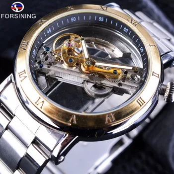 

Forsining 2017 Minimalist Design Transparent Case Roman Number Steel Mens Automatic Skeleton Steampunk Watches Top Brand Luxury