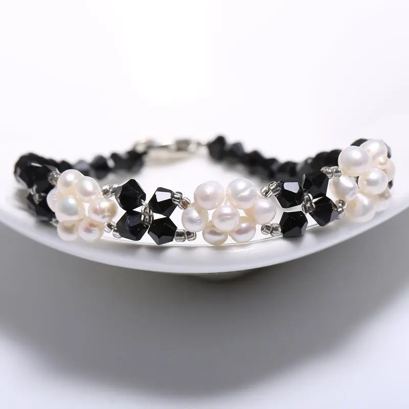 Black White Stylish Pearl Bracelet, Handmade 4 mm Crystal with 4-4.5 mm Nearly Round Pearl flower bracelet, holiday gifts
