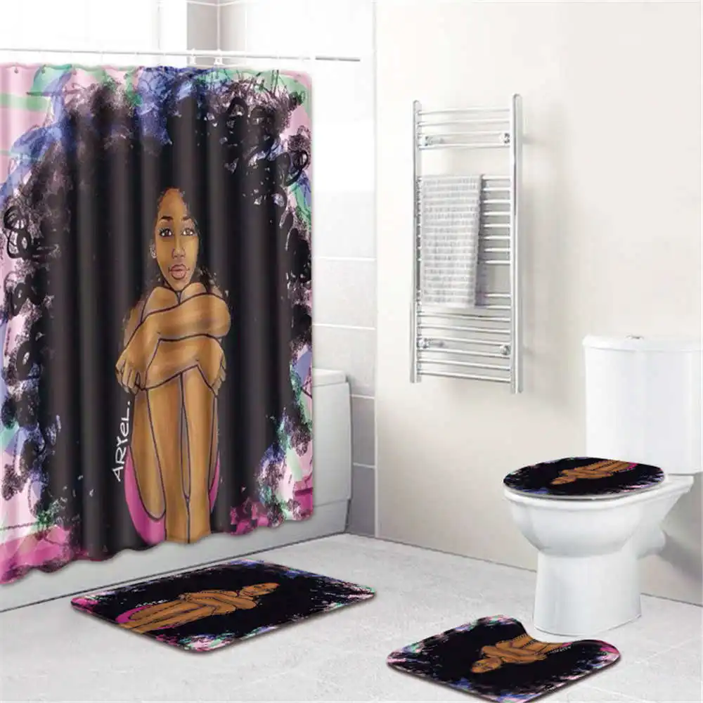 Картина маслом для девочек, водонепроницаемый декор для ванной комнаты, занавеска для ванной, нескользящий фланелевый ковер для туалета, коврик для ванной, набор занавесок для душа - Цвет: 4pcs shower curtain