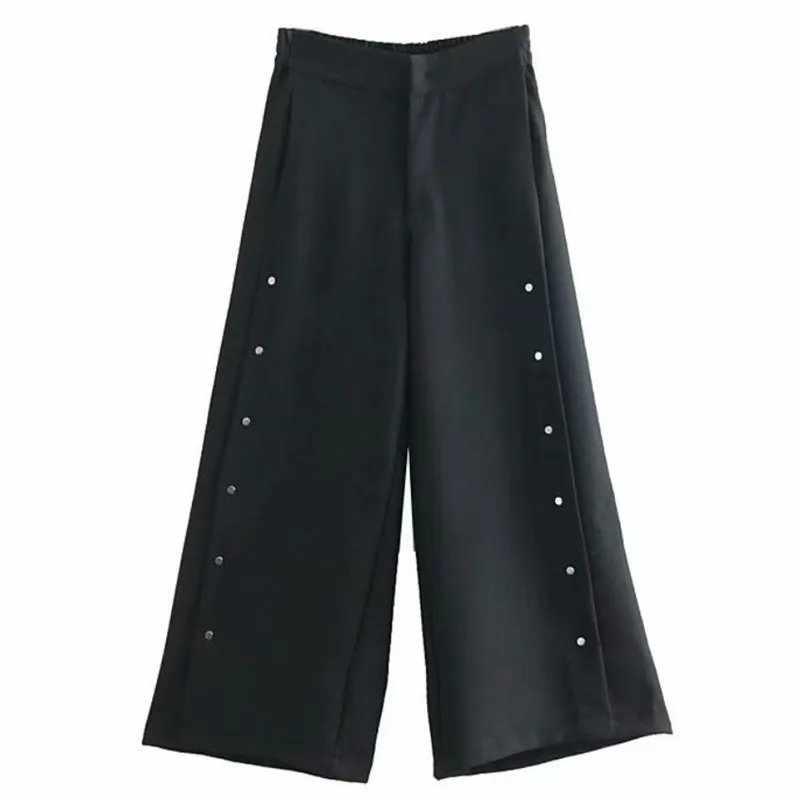 2019 Split Metal Covered Button Wide Leg Pants Black Vintage Woman High Waist Full Length Loose Casual Trousers