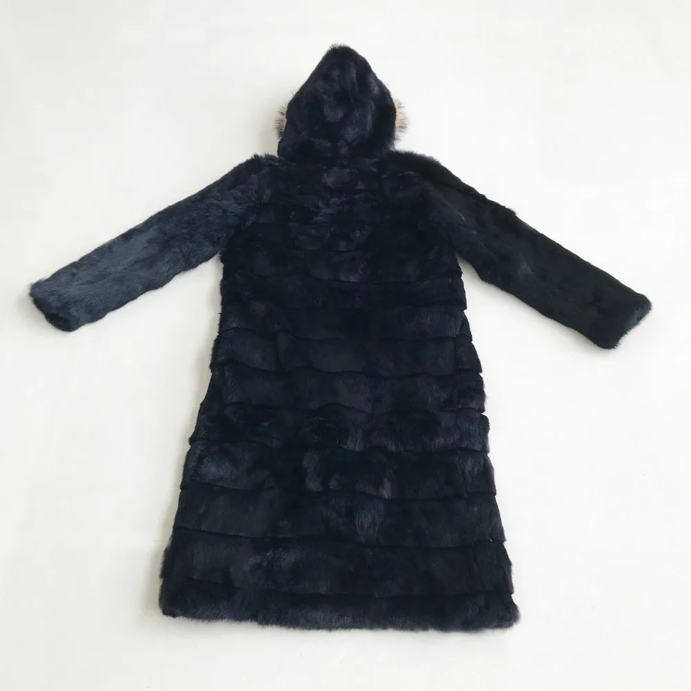Female Brand Top Real Rabbit Fur Coat with striped cut and Natural Raccoon Fur Collar up Hood Winter Long Plus Size tsr450