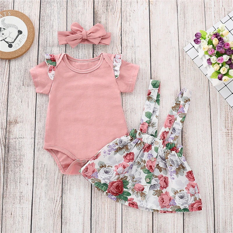 

3Pcs Suspend Baby Girl Clothes Toddler Newborn Clothes Summer Pink Tops Romper+Floral Skirt+Headband Outfits Set Infant Clothing