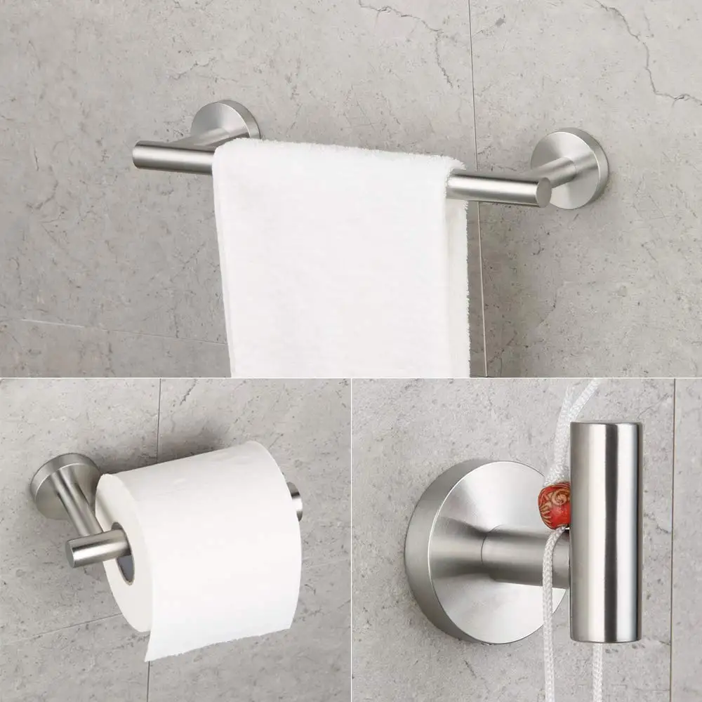 

3 PCS 304 Stainless Steel Toilet Paper Holder Robe Hook Brushed Bathroom Accessories Set 12" Hand Towel Bar Wall Mounted