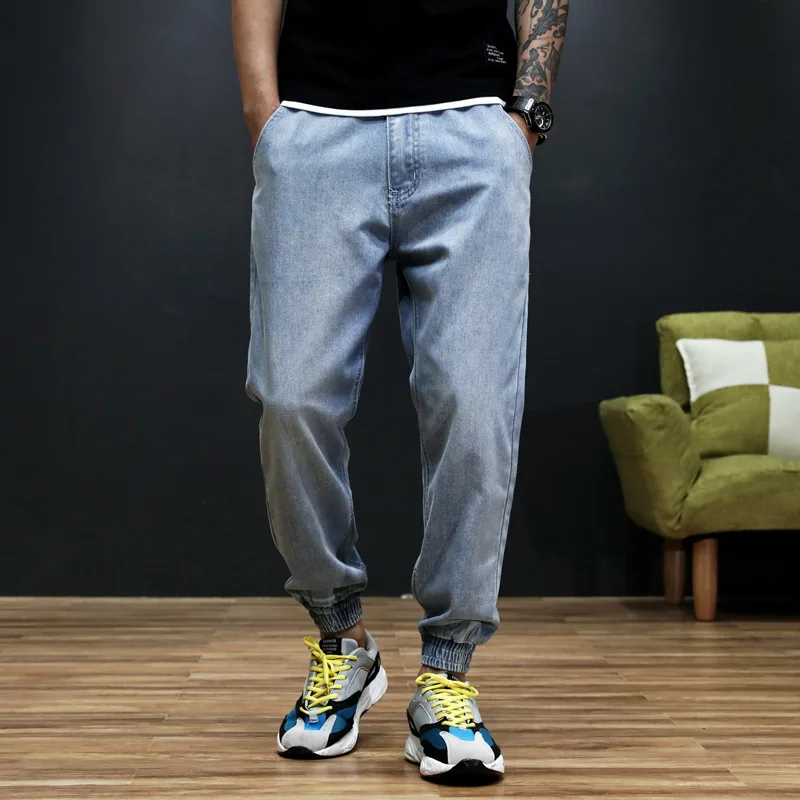 Japanese Style Fashion Men Jeans Blue Loose Fit Slack Bottom Joggers Jeans Men Spliced Designer Streetwear Hip Hop Harem Jeans