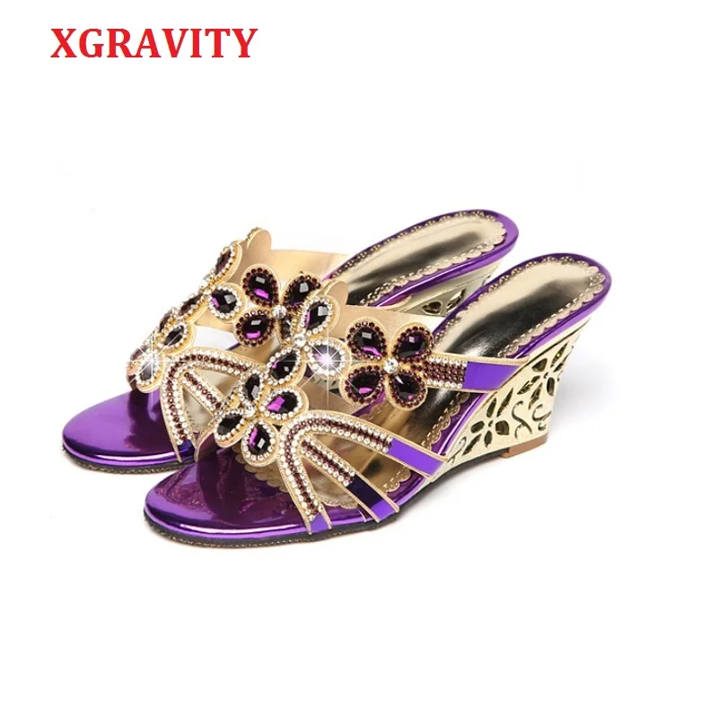 

XGRAVITY 2021 New European Designer Woman Summer Shoes Sexy Crystal Lady Wedge Sandals Fashion Elegant Girl Slippers B291