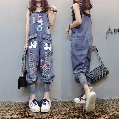 blue Lovely Cartoon Loose Jumpsuit Womens Rompers Harem Hole Denim Jumpsuit Women Big Pocket Sleeveless Overalls Female Plus Size 3XL - Цвет: blue
