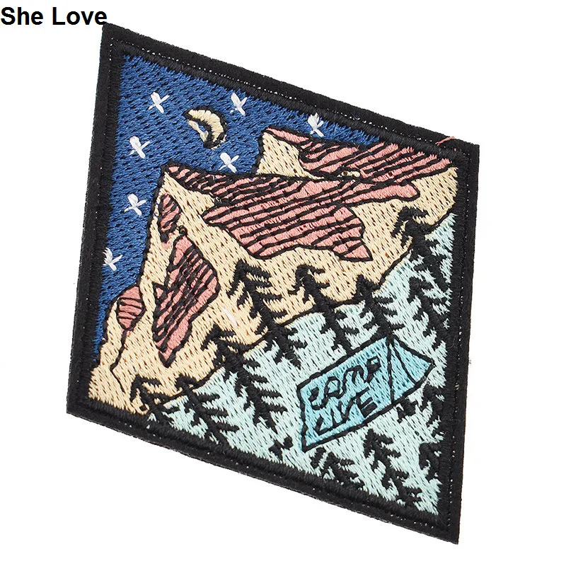 

She Love 2Pcs/lot Camping Outdoors Adventure Traveler Embroidered Patches Iron Sew On Applique Clothes Badges Patch