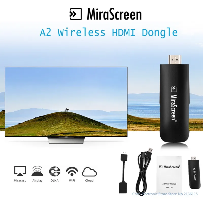Бренд MiraScreen A2 Wreless ТВ рукоять 1080 P HDMI Dongle 2 4 ГГц Wi Fi 128 МБ Оперативная память DDR3