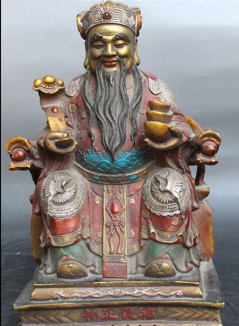 

shitou 002841 11" OLd Chinese Bronze Painting Mammon Money Wealth God On Dragon Chair Statue discount 30% (C0324)