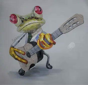 

HandPainted Abstract Cartoon Animal Oil Canvas Painting Happy Frog Play guitar Oil Painting Wall Art Picture Painting for Room