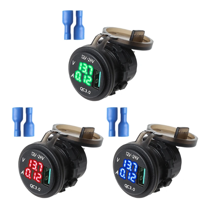 QC 3.0 USB Charger Socket LED Voltmeter Current Display for Car Boat Motorcycle