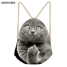 INSTANTARTS Fashion Girls Boys Drawstrings Bags Kawaii 3D Middle Finger Cat Print Storage Backpacks Students Children Beach Bags