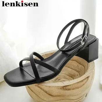 

Lenkisen genuine leather buckle strap women sandals chunky med heels peep toe preppy style dating campus summer brand shoes L42