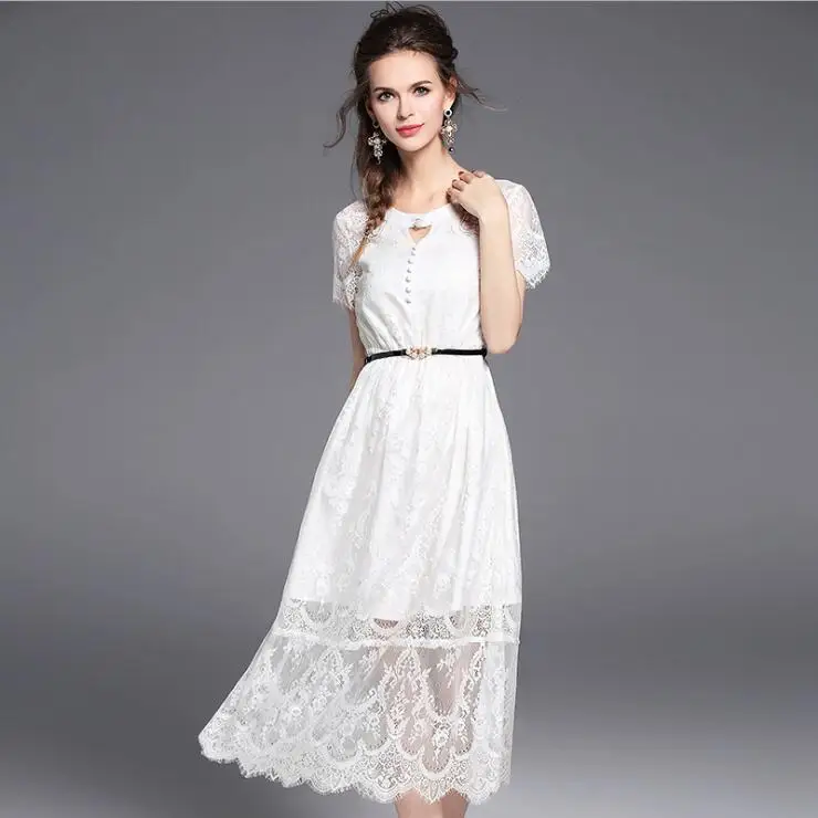 2017 New Summer White Lace Stitching Hook Flowers Thin Lace Dress Women Casual Clothes Bohemian Bridal Wedding Party Long Dress long-white-lace-dress