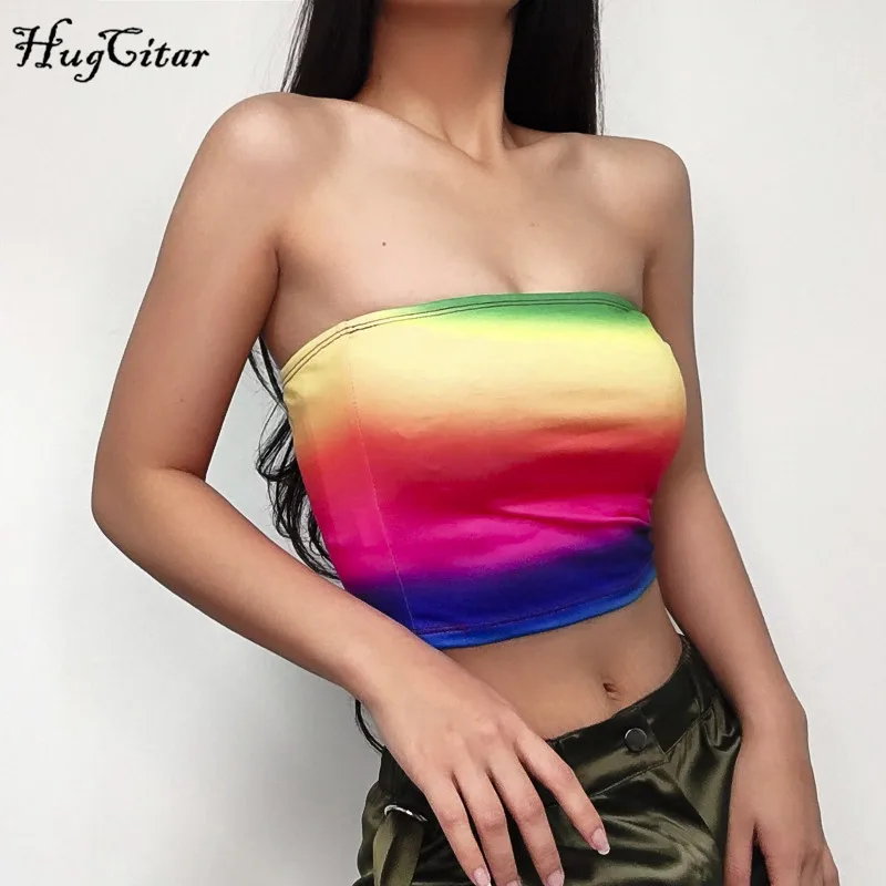 Hugcitar красочные Радуга полосой печати Топы 2019 летняя женская мода bodycon пикантные модные Клубные праздничные безрукавки уличная