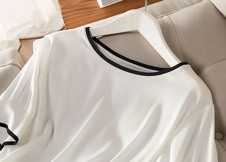 Женская белая футболка из 95% натурального шелка, 5% спандекса, топ с короткими рукавами, модная футболка с отворотом, весна лето