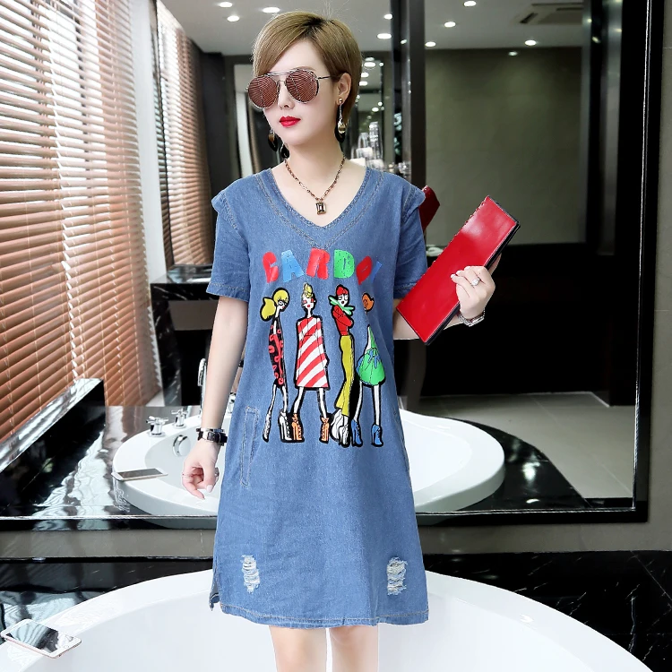 S-5XL Plus Size Women Denim Short Dress Summer 2019 Cute Cartoon Girls Print V-neck Short Sleeve Loose Casual Hole Jeans Dresses