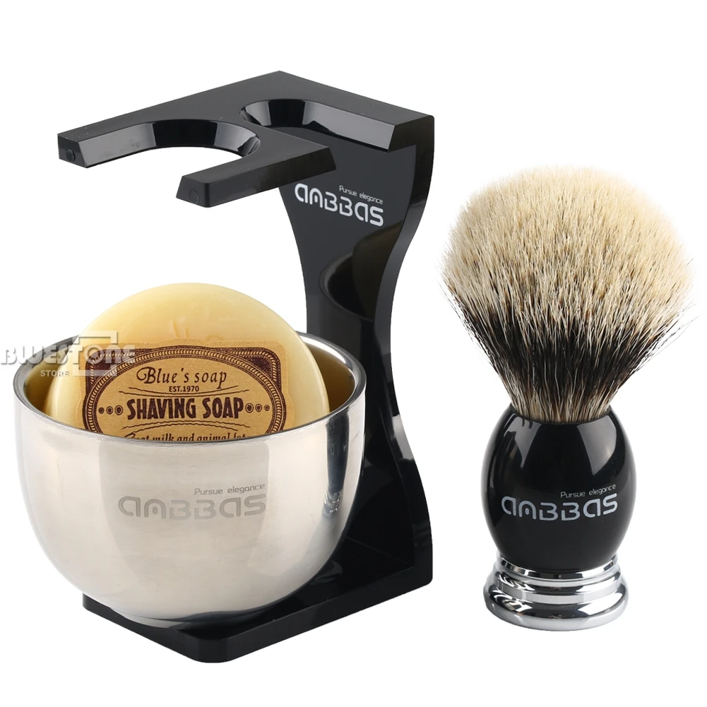 Anbbas Badger Hair Barber Shaving Brush Black Acrylic Stand + Bowl and