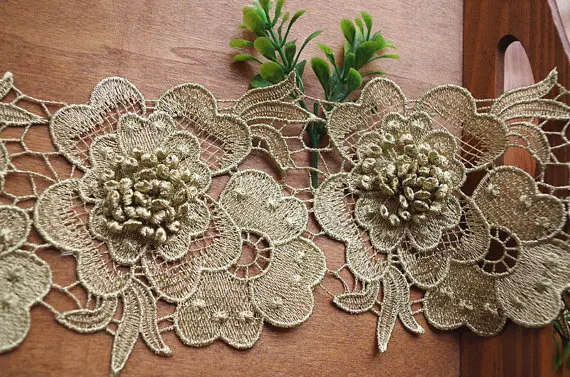 

10 yards top quality gold 3D flower lace trimming applique, metallic golden lace 3d floral trim, LT142VE