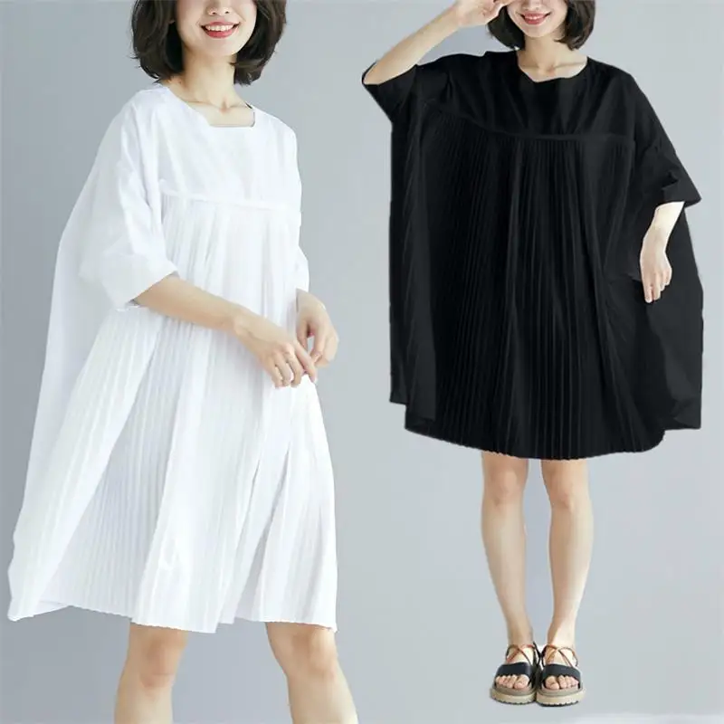 

Z-ZOUX Women Dress O Neck Short Sleeve Pleated Dress Loose Simple Summer Dresses White Black Plus Size Womens Casual Wear 2019