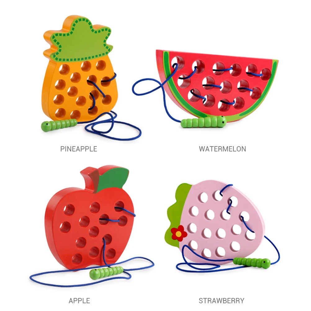 Деревянный игрушка, обучающая завязывать шнурки Threading фруктовый червь съесть яблоко клубника ананас арбуз Детские Развивающие детские