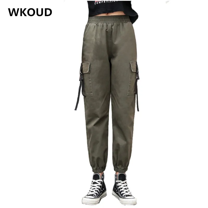

WKOUD 2019 New Joggers Women Solid Loose Ankle-length Cargo Pants Black Sweatpants Female Spring Fall Sports Trousers P8856