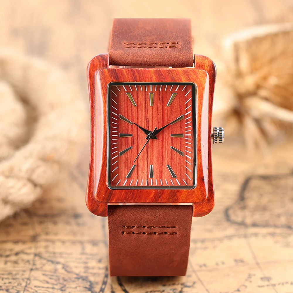 Watch Wooden Rectangle Dial Wrist Watches Novel Nature Wood Genuine