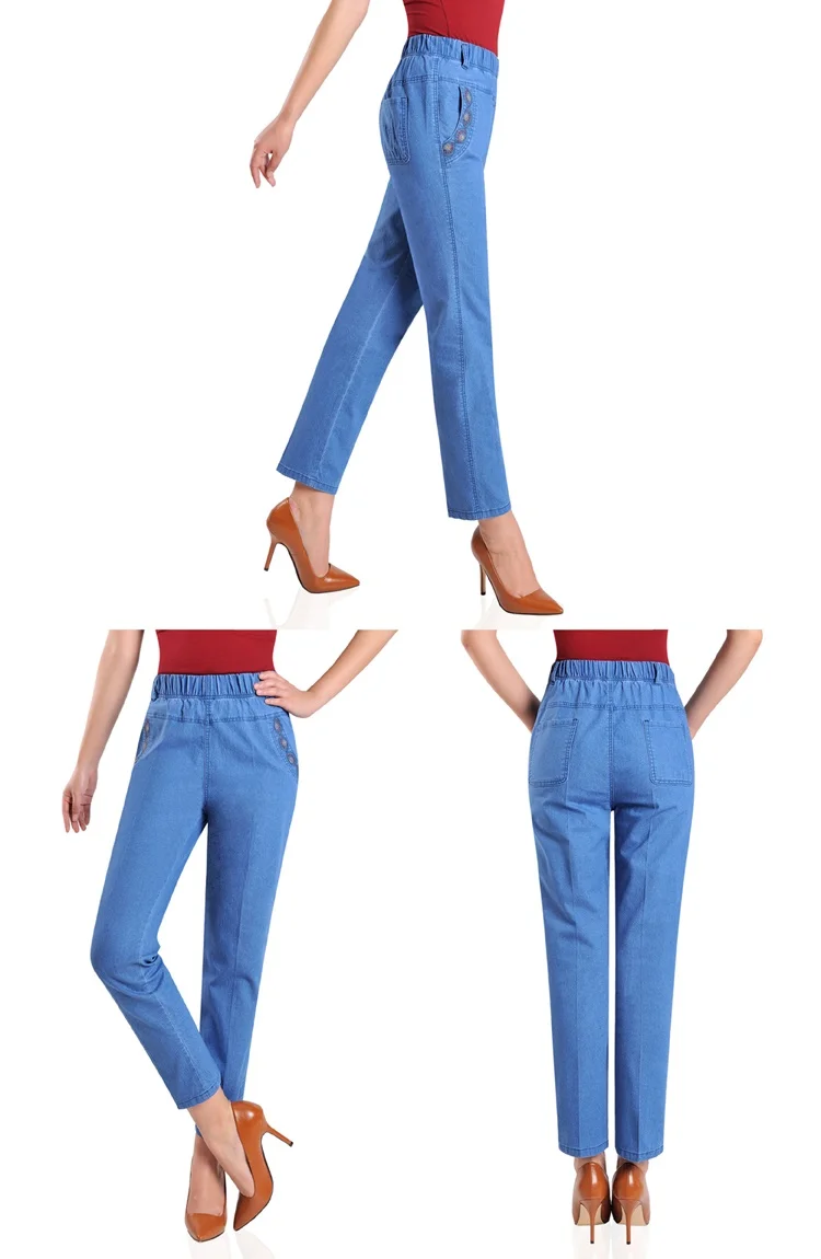 Джинсы для женщин среднего и старшего возраста с высокой талией, женские летние джинсы большого размера, прямые повседневные штаны для мам 433