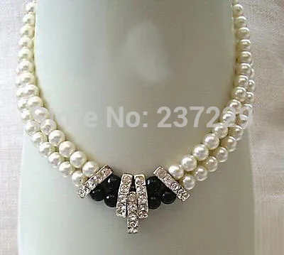 

HOT## Wholesale price FREE SHIPPING^^^^2 Rows 8-9mm White Pearl Black Agate 18KWGP Crystal Pendant Necklace