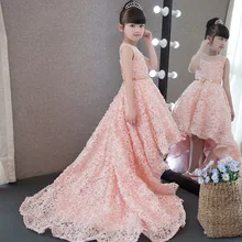 Свадебное платье для девочек с кружевной аппликацией; вечерние фатиновые платья принцессы для дня рождения; платье с длинным шлейфом для первого причастия; Платья с цветочным узором для девочек