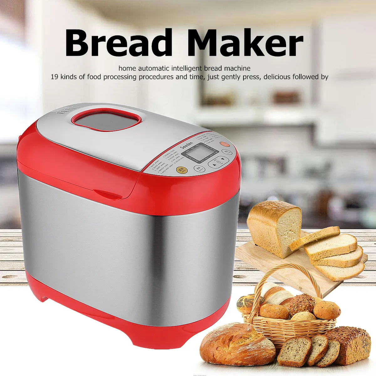 

220V 500W 50Hz Electric Digital Automatic Bread Maker Yogurt Machine With 19 Programmes Stainless Steel Red Prompt Function