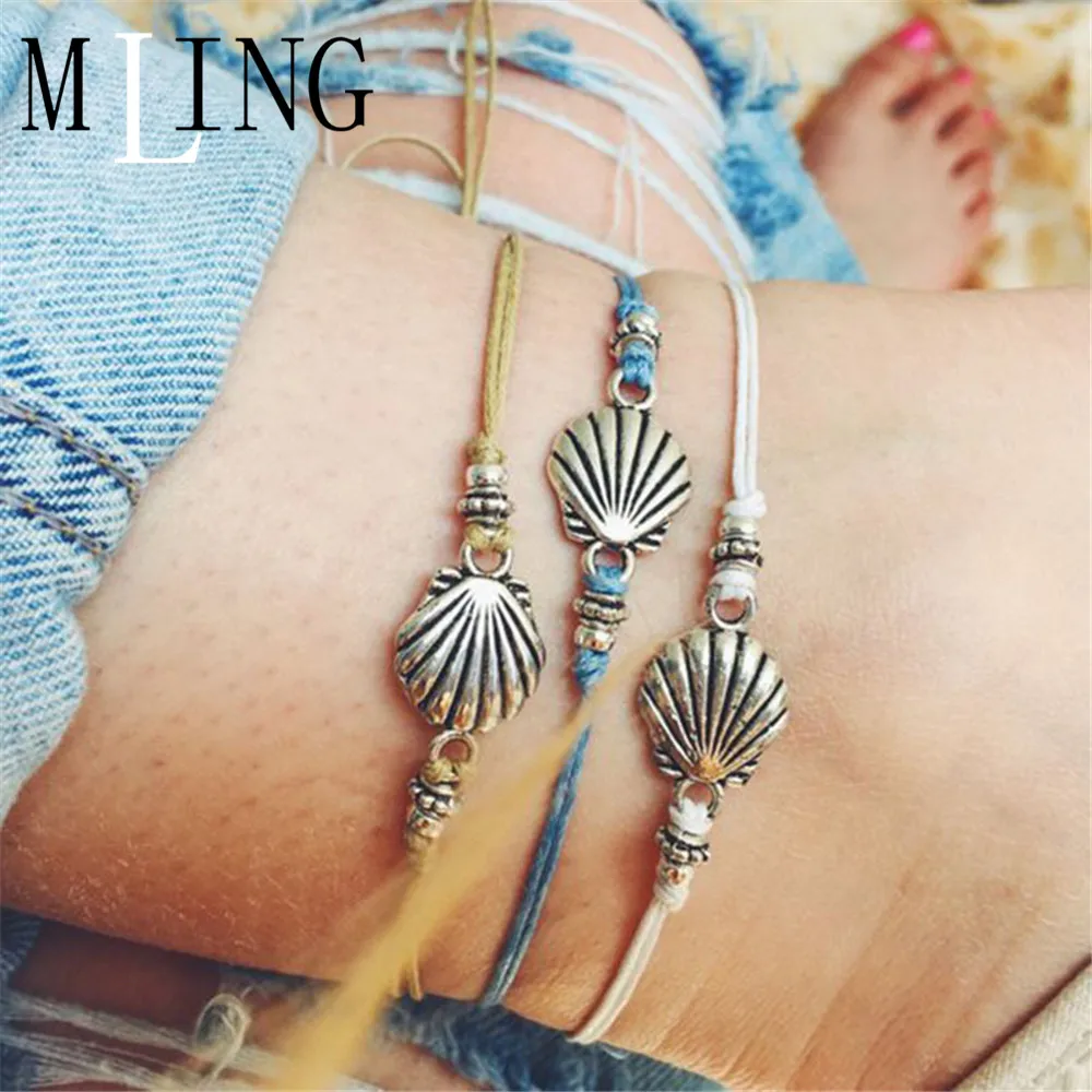 

MLING 3Pcs/Set Vintage Gold Silver Summer Beach Anklet Set Bohemian Shell Rope Chain Anklet For Women