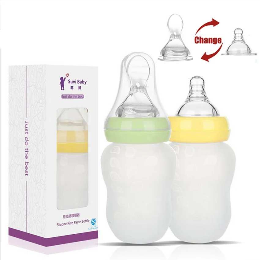 

180ML Silicone Baby Feeding Bottle With Spoon Food Supplement Rice Cereal Bottle Baby Squeeze Spoon Silica Gel Spoon