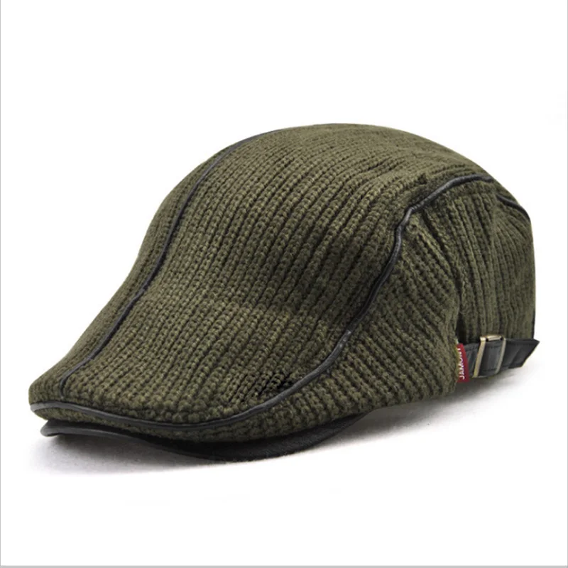 Army Green Мужской Newsboy вязаный шерстяной толстый теплый берет Кепка, кепка плоские козырьки козырек - Цвет: Army Green