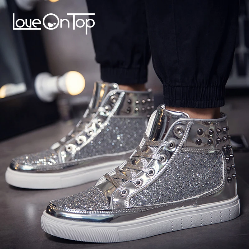 

Loveontop Men Patent Leather Boots Gold Rivet Sequins Shiny Designer High Quality Causal Shoes For Men Bling High Top Sneakers