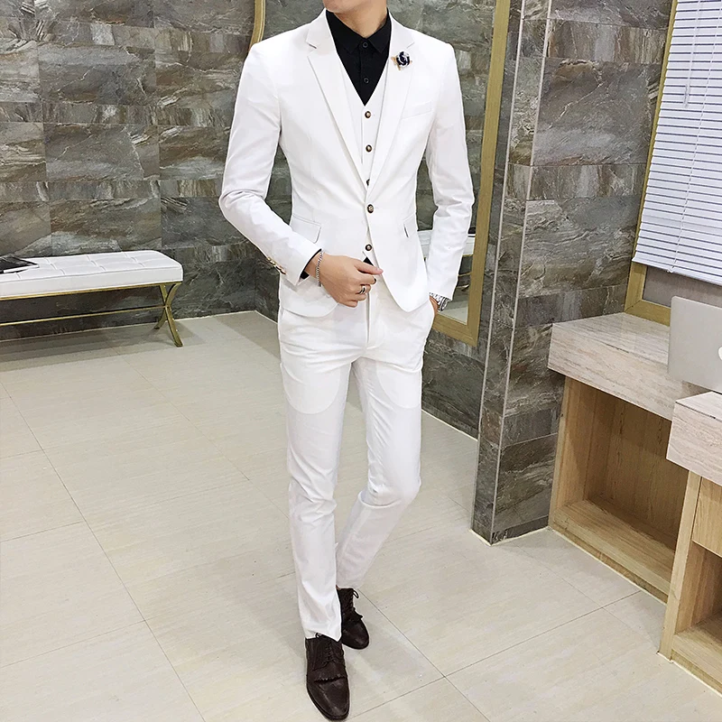(7 colors) High Quality Men's Business Suit Pure Color Slim Suit Men Jacket + Pants + Vests 2019 New Fashion Mens Wedding Suits