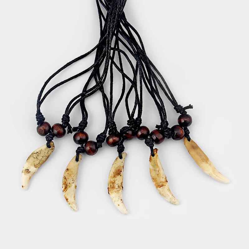 

10pcs Black Wax Cotton Cord Real Wolf Tooth Teeth Pendant Necklace