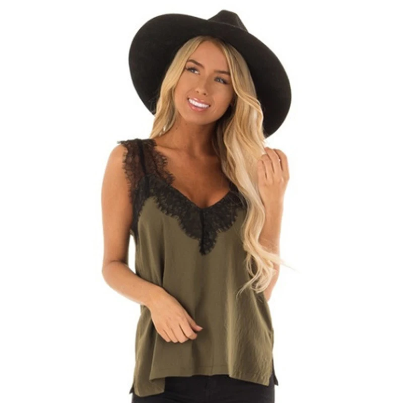 Зеленый Women Clothes Fashion Loose Lace top women Sleeveless V Collar Sexy tank top Casual Personality Solid Color Tops - Цвет: Зеленый