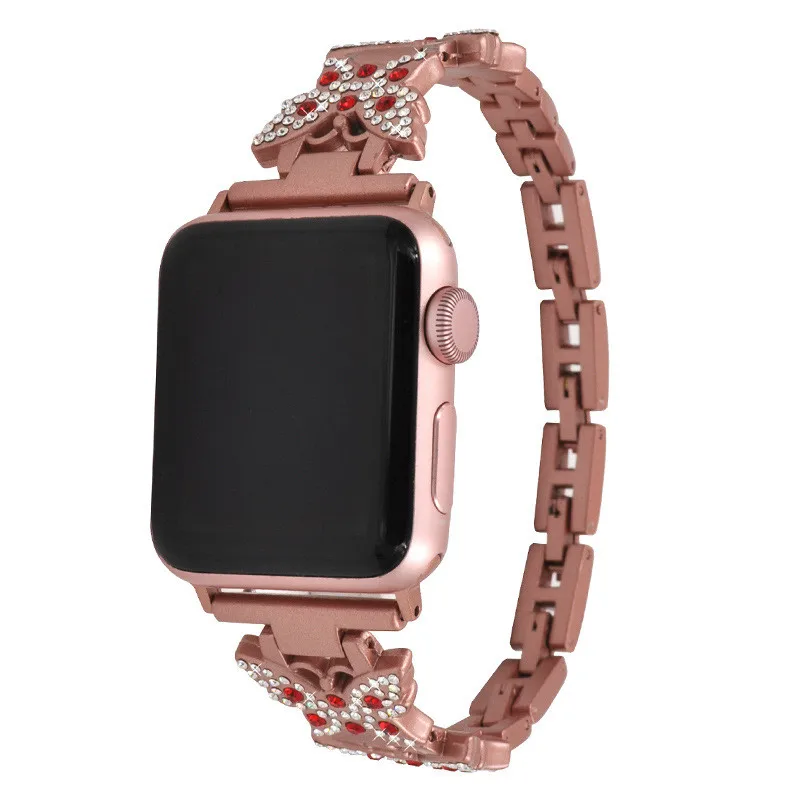 Многоцветный для Apple Watch38/42 мм, ремешок для Apple с украшением в виде бабочки из страз металлик Нержавеющая сталь ремешок для iwatch - Цвет ремешка: ROSE GOLD