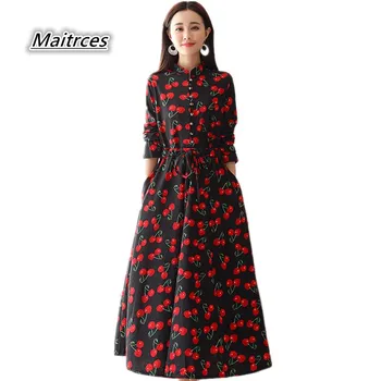 

2018 Spring Dress High Quality Women Long Sleeve Autumn Dress Winter Print Women Long Dress Femme LY015