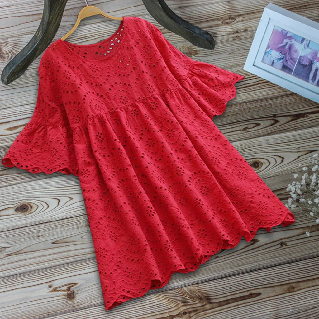 

Women Vintage Casual Hollow Out O-Neck Half Sleeve Linen Top T-Shirt korean fashion clothing for womens women cotton tshirts