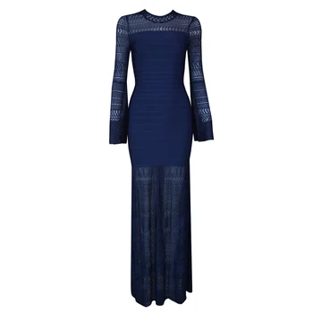 

TOP Quality Women Sexy Fashion Flare Sleeve Jacquard Thick Rayon Long Black Red Blue Bandage Dress Fishtail Elegant Party Dress