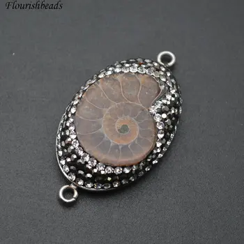 

Natural Ammolite Stone Two Loops Jewelry Connectors Paved Black Crystal Pendants